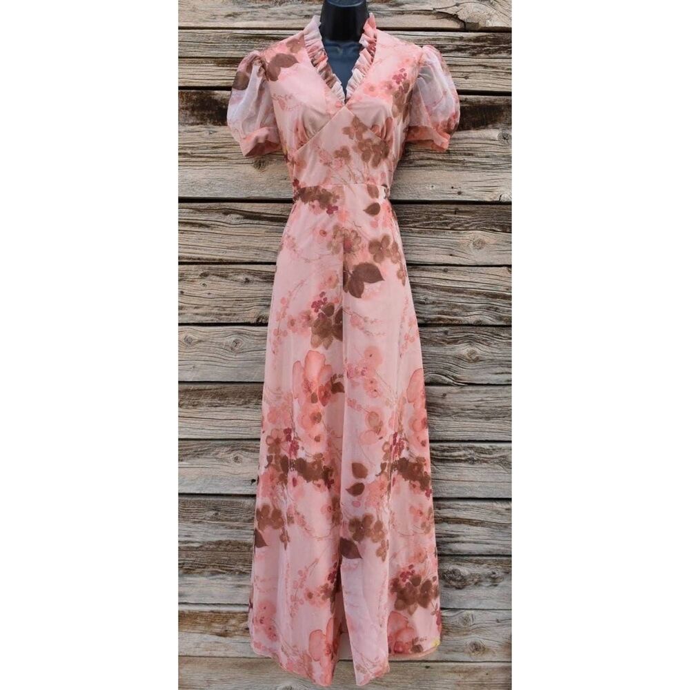 Vintage 1970s Pink and Brown Floral Maxi Dress